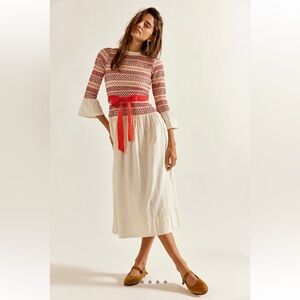 *NWT* FREE PEOPLE Guiding Star Smocked Bodice Removable Bow Midi Dress Tofu — M